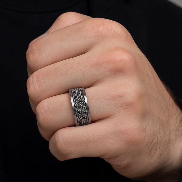 Men’s Stainless Steel Spinner Ring – Chain Mesh Fidget Anxiety Band - Picture 2 of 4